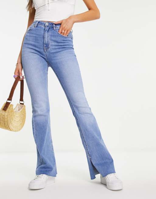 Stradivarius Flare Jean With Side Split in Blue