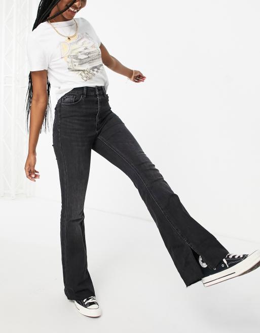 stradivarius stretch flare jean with split detail in light blue