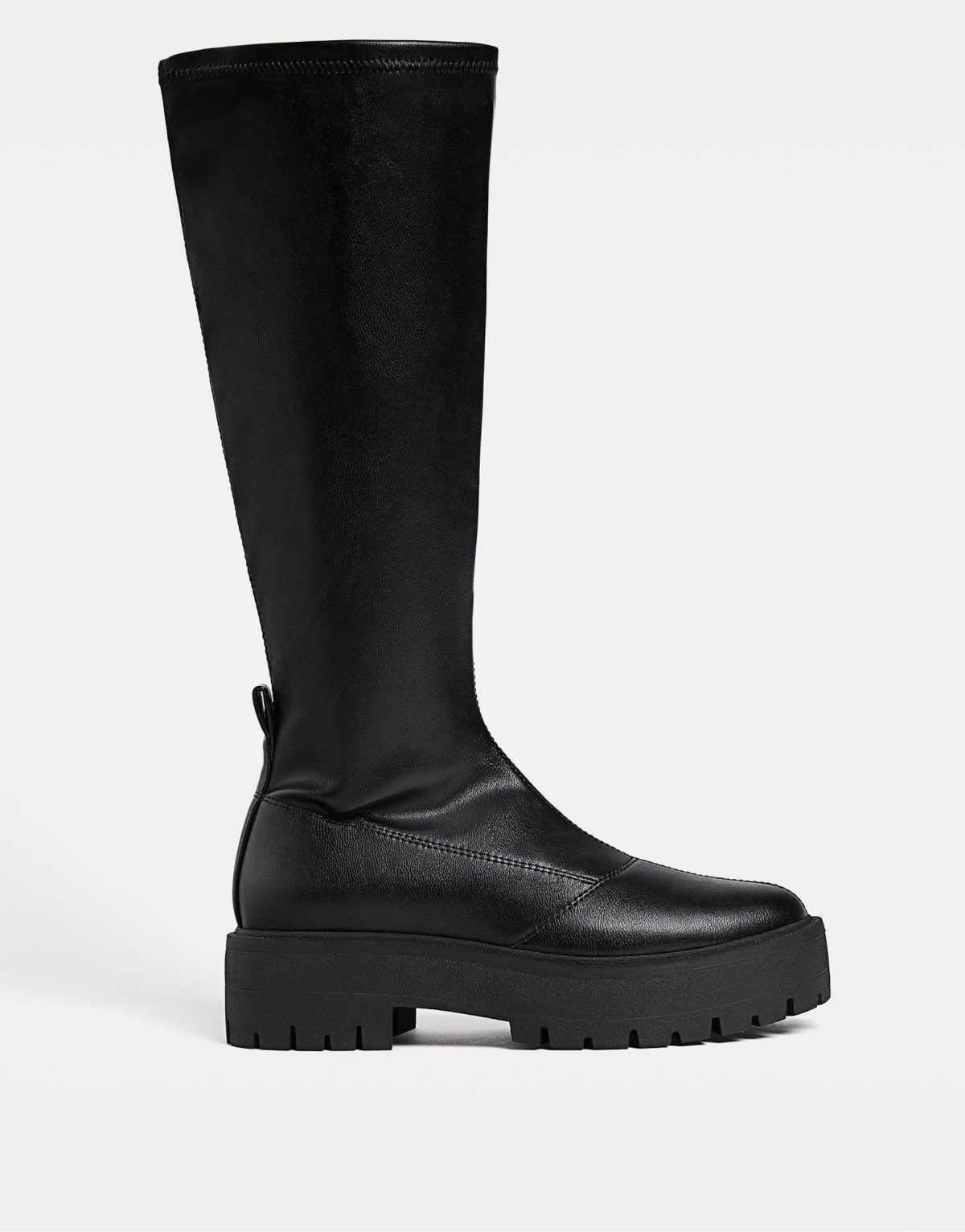 Stradivarius Stretch high knee boot with track sole in black