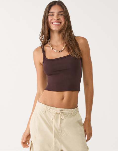 Stradivarius stretch strappy top in brown - view 1