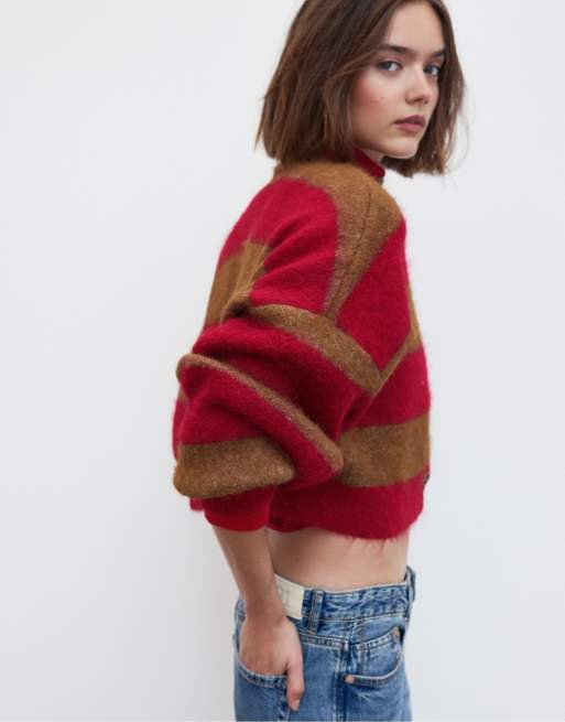 Stradivarius stribet cardigan med ståkrave i beige, 2 af 7