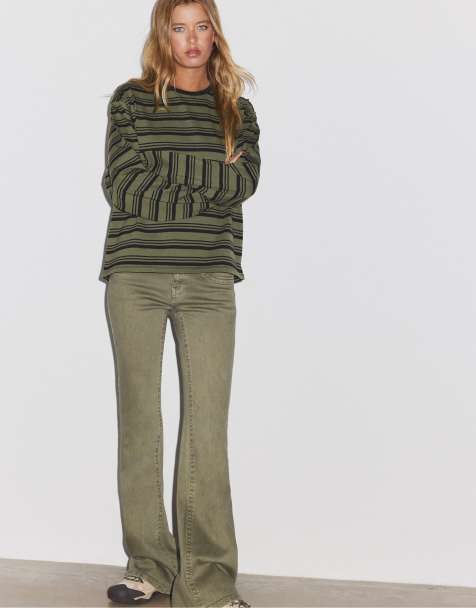 Stradivarius stribet langærmet T-shirt i khaki - view 1