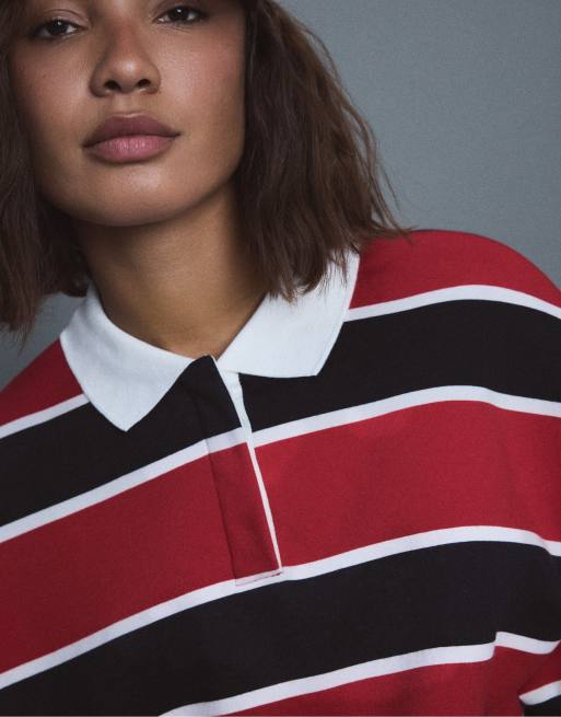 Stradivarius stribet polosweatshirt i rød, 4 af 7