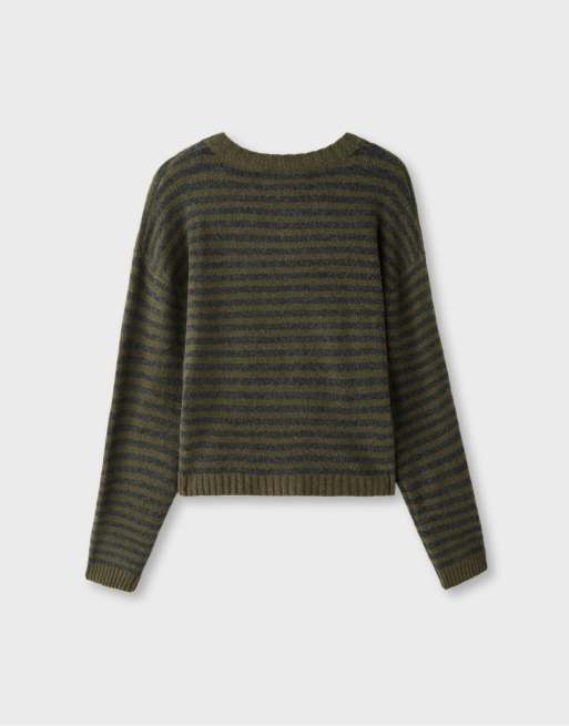 Stradivarius stribet strikcardigan i khaki, 6 af 6
