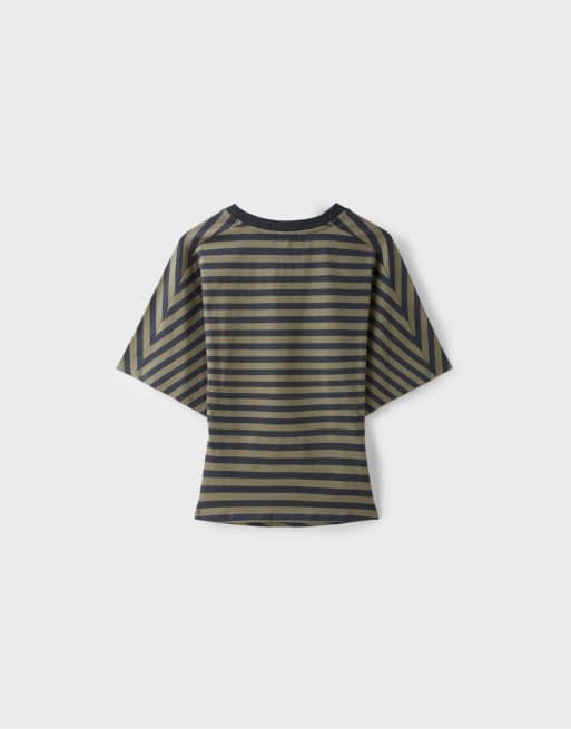 Stradivarius stribet T-shirt med japansk ærme i khaki, 7 af 7