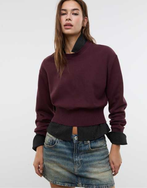 Stradivarius – Strick-Oberteil in Aubergine mit U-Boot-Ausschnitt - view 1