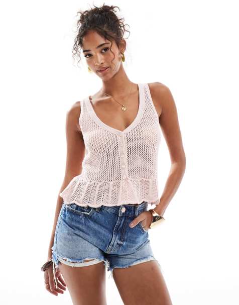 Stradivarius – Strick-Trägertop in Rosa mit Rüschensaum - view 1