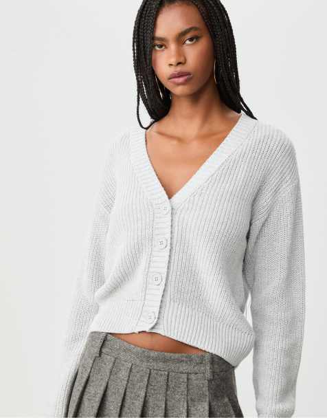 Stradivarius – Strickjacke in Grau meliert mit Knopfleiste - view 1