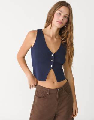 Stradivarius - Strickoberteil mit Knöpfen in Marineblau