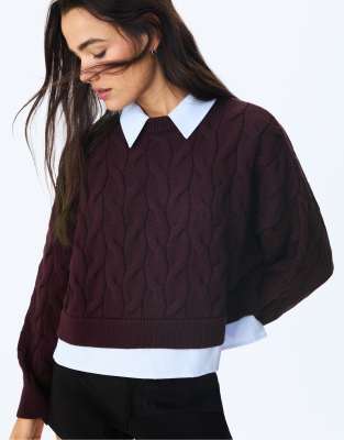 Stradivarius - Strickpullover in Aubergine mit Kontrastdetail-Lila