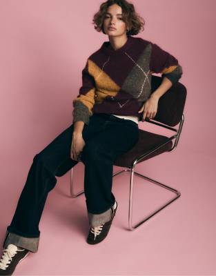 Stradivarius - Strickpullover in Aubergine mit Rautenmuster-Lila