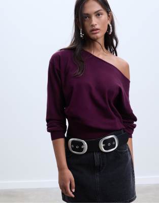 Stradivarius - Strickpullover in Aubergine mit U-Boot-Ausschnitt-Lila
