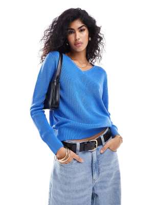 Stradivarius - Strickpullover in Blau mit V-Ausschnitt