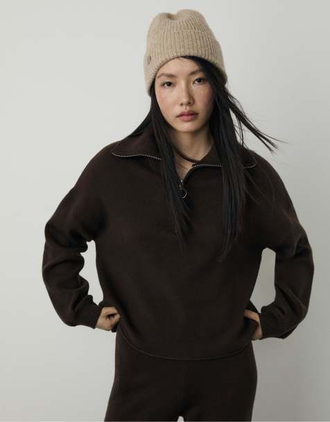 Stradivarius – Strickpullover in Braun mit Reißverschluss - view 1