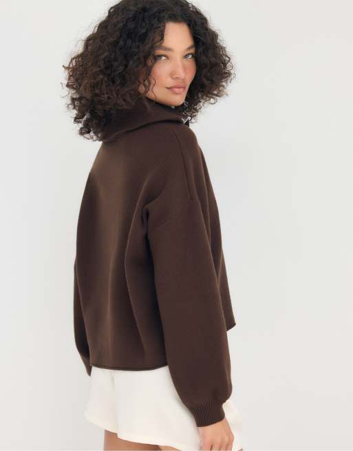 Stradivarius – Strickpullover in Braun mit Reißverschluss, 3 von 7