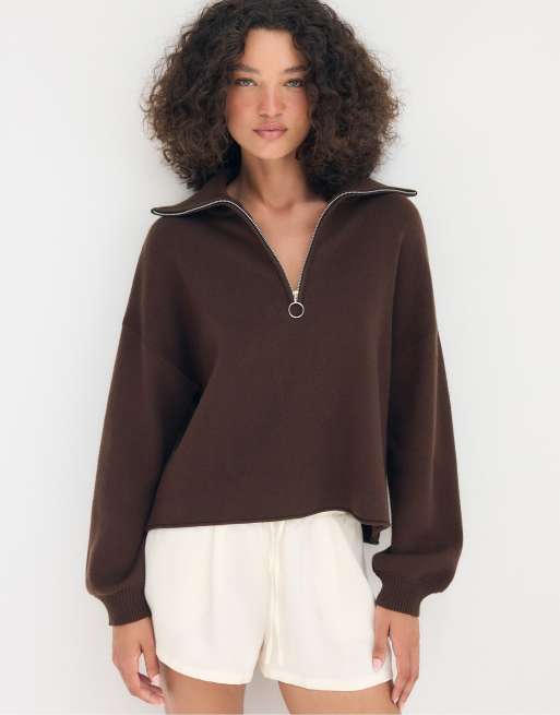 Stradivarius – Strickpullover in Braun mit Reißverschluss, 5 von 7