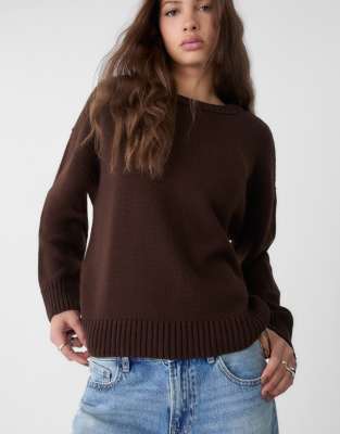 Stradivarius - Strickpullover in Braun mit Rundhalsausschnitt
