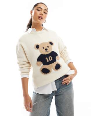 Stradivarius - Strickpullover in Ecru mit Teddybär-Motiv-Weiß