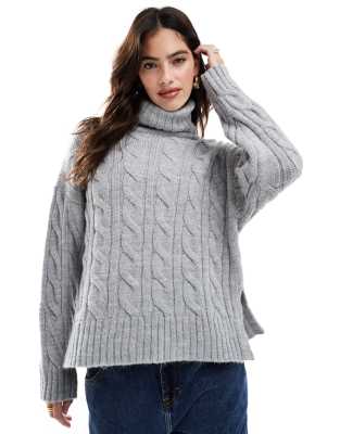 Stradivarius - Strickpullover in Grau mit Rollkragen und Zopfmuster