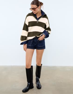Stradivarius - Strickpullover in Grün mit Reißverschluss