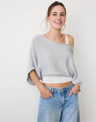Stradivarius - Strickpullover in meliertem Grau mit U-Boot-Ausschnitt und Overlay