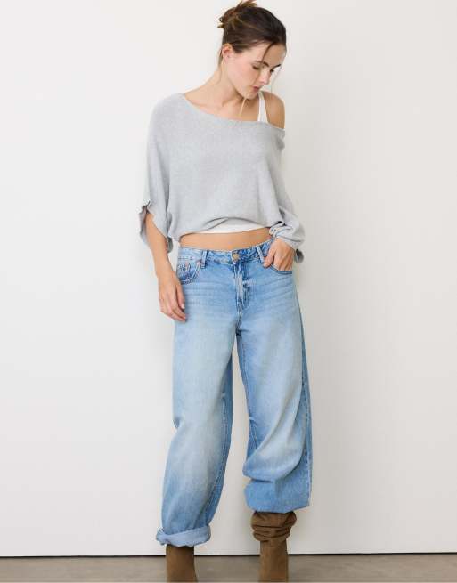 Stradivarius – Strickpullover in meliertem Grau mit U-Boot-Ausschnitt und Overlay, 3 von 4
