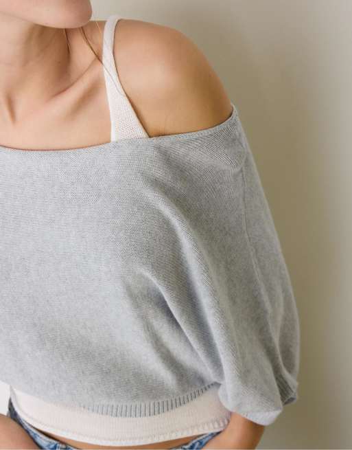 Stradivarius – Strickpullover in meliertem Grau mit U-Boot-Ausschnitt und Overlay, 4 von 4