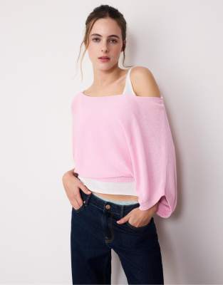 Stradivarius - Strickpullover in Pastellrosa mit U-Boot-Ausschnitt und Overlay