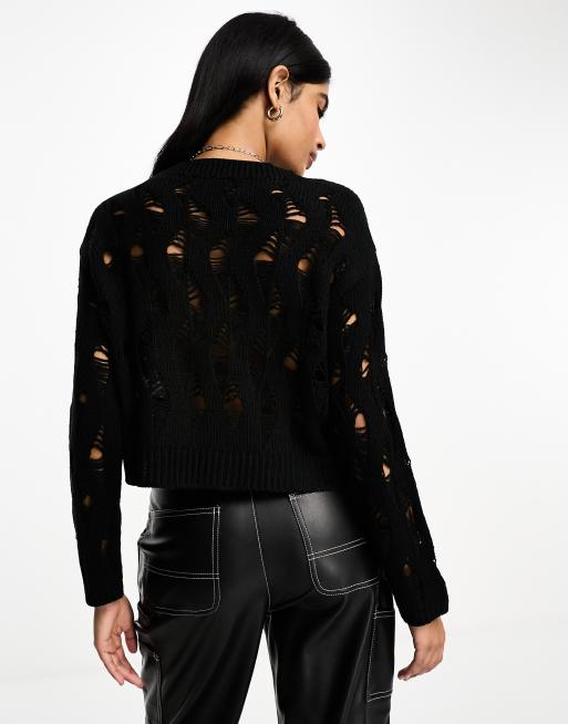 Stradivarius – Strickpullover in Schwarzer mit Lochmuster im Used-Design , 3 von 4