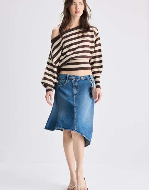 Stradivarius Strickpullover mit asymmetrischem Rippensaum in Braun - view 1