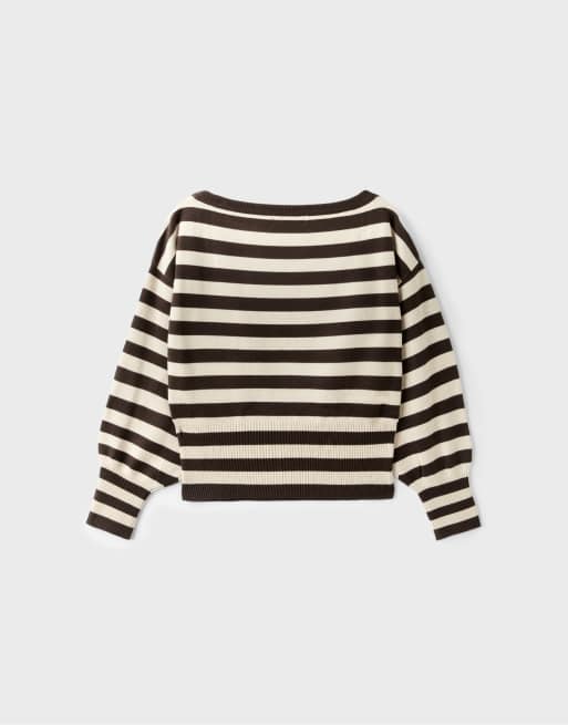 Stradivarius Strickpullover mit asymmetrischem Rippensaum in Braun, 7 von 7