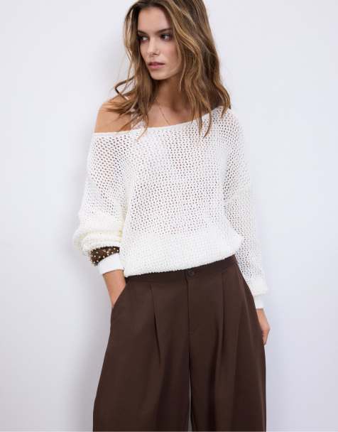 Stradivarius – Strickpullover mit durchbrochenem Muster in Ecru mit U-Boot-Ausschnitt - view 1