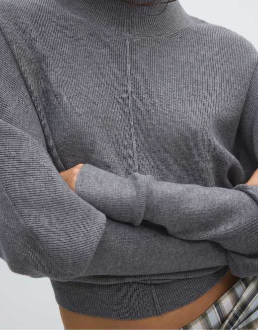 Stradivarius Strickpullover mit Fledermausärmeln und Stehkragen in Dunkelgrau, 4 von 7