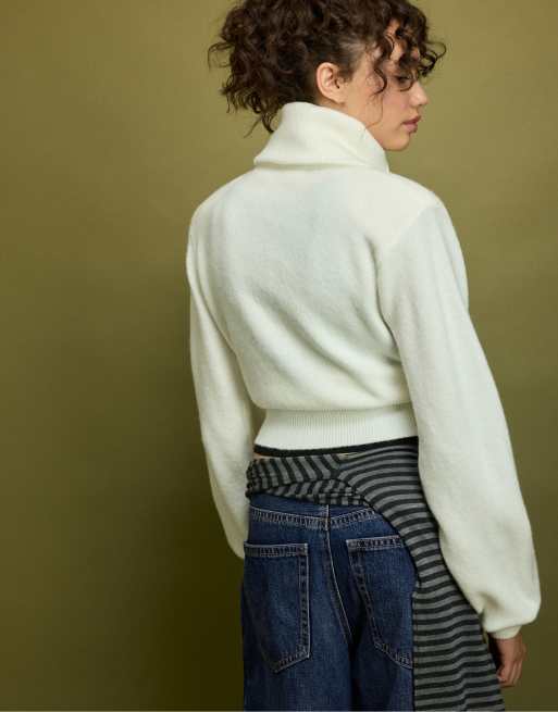 Stradivarius Strickpullover mit gepolsterten Schultern und Viertelreißverschluss in Ecru, 3 von 7