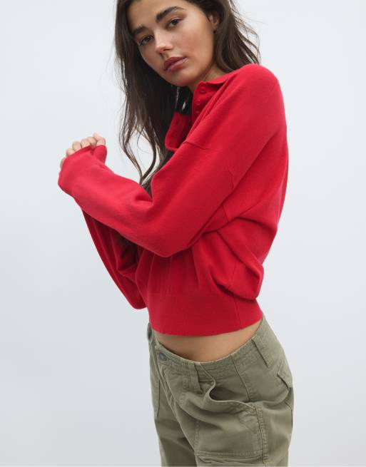 Stradivarius Strickpullover mit Polokragen in Rot, 2 von 7