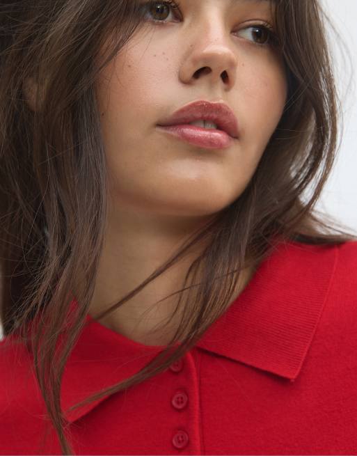 Stradivarius Strickpullover mit Polokragen in Rot, 4 von 7