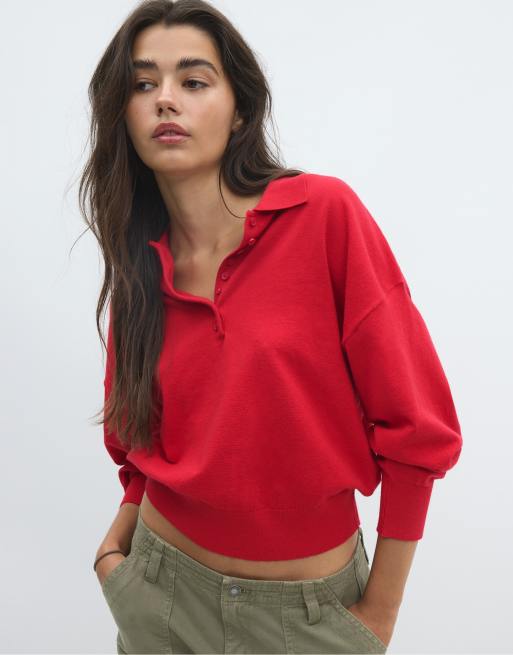 Stradivarius Strickpullover mit Polokragen in Rot, 5 von 7