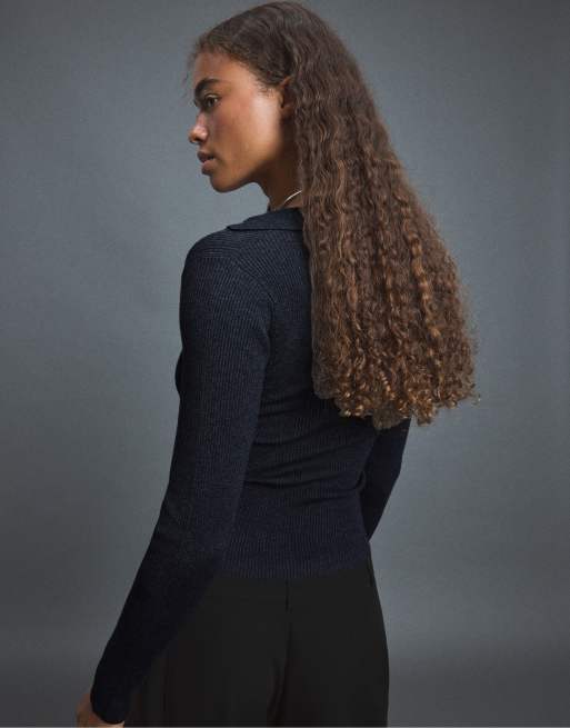 Stradivarius Strickpullover mit Polokragen und Taschen in Dunkelgrau, 3 von 7