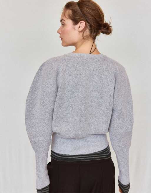 Stradivarius Strickpullover mit Puffärmeln und weichem Griff in Graumeliert, 3 von 7