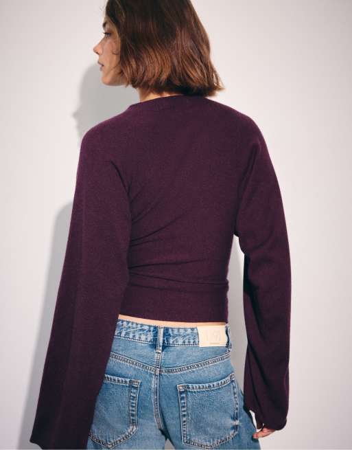 Stradivarius Strickpullover mit Stehkragen und Kimonoärmeln in Dunkelviolett, 3 von 7