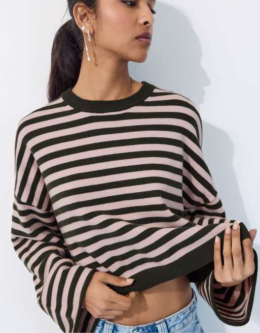 Stradivarius Strickpullover mit weiten Ärmeln, cropped, gestreift, 5 von 7