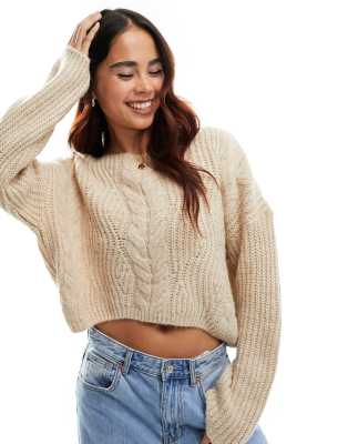 Stradivarius - Strickpullover mit Zopfmuster in Beige-Neutral