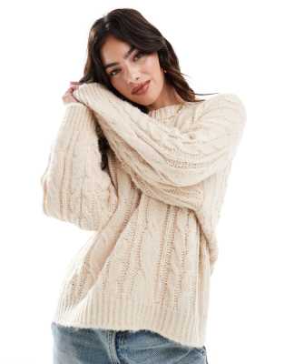 Stradivarius - Strickpullover mit Zopfmuster in Beige-Neutral