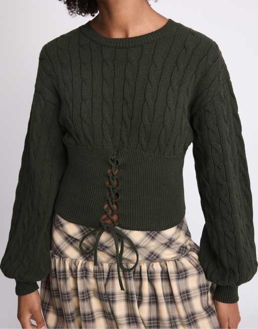 Stradivarius Strickpullover mit Zopfmuster und Bindedetail in Khaki, 4 von 7