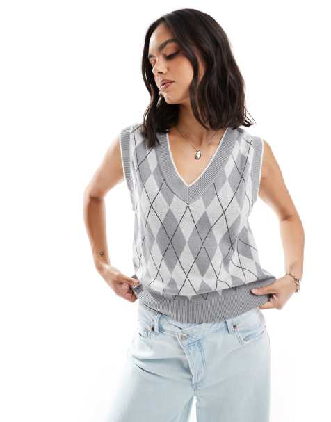 Stradivarius – Stricktop in Grau mit Rautenmuster - view 1