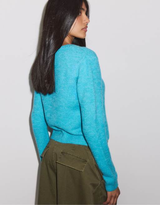Stradivarius strikket cardigan med knapper i turkis, 3 af 7