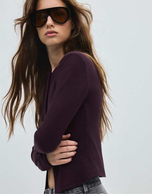 Stradivarius strikket cardigan med skulderpuder i aubergine, 2 af 7