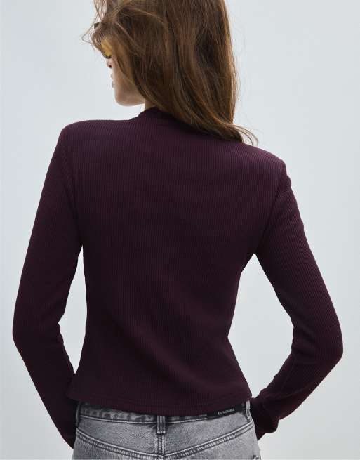 Stradivarius strikket cardigan med skulderpuder i aubergine, 3 af 7