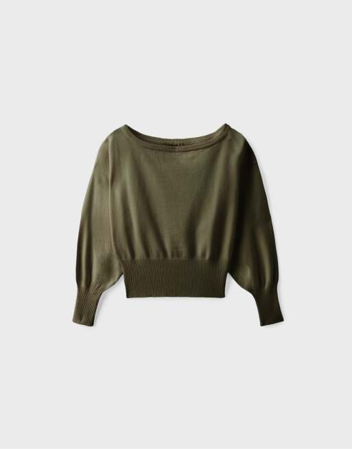 Stradivarius striktrøje med asymmetrisk ribkant i khaki, 6 af 7