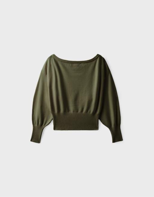Stradivarius striktrøje med asymmetrisk ribkant i khaki, 7 af 7